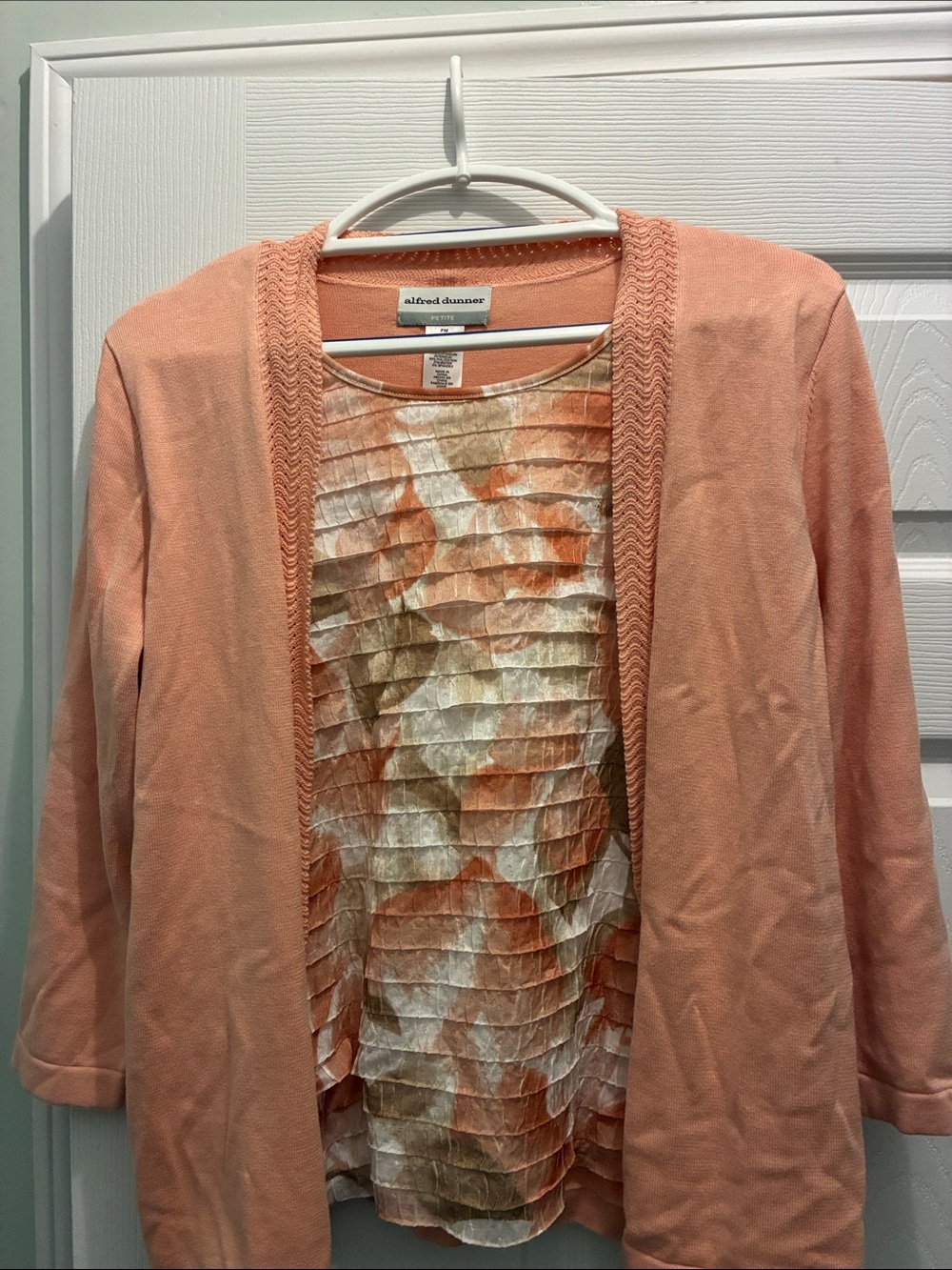 Alfred Dunner Peach Open-Front Cardigan with Patterned Shell